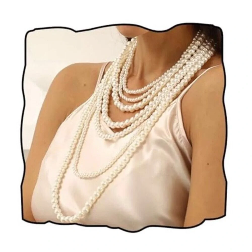 Long Lab Pearl Necklace Layered Pearls and Earrings Set Pearl Body Jewelry